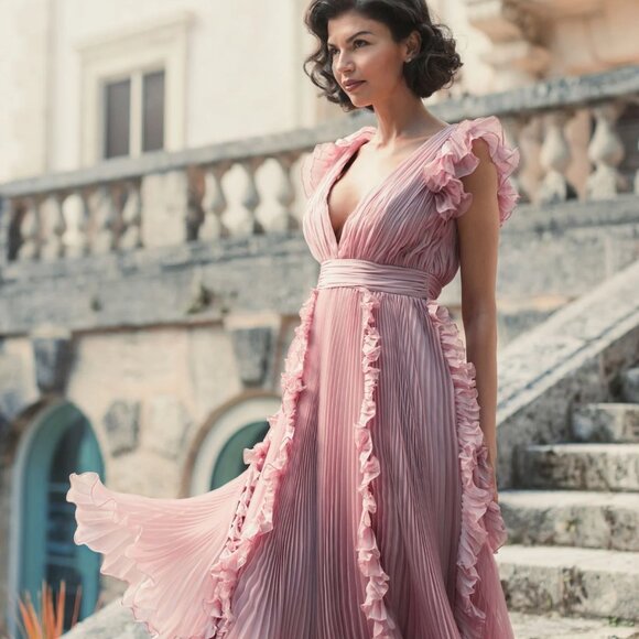 NWT | Mac Duggal‎ 49675 Pleated Chiffon V Neck Ruffle Midi Dress Rose Pink 8 - Picture 4 of 15